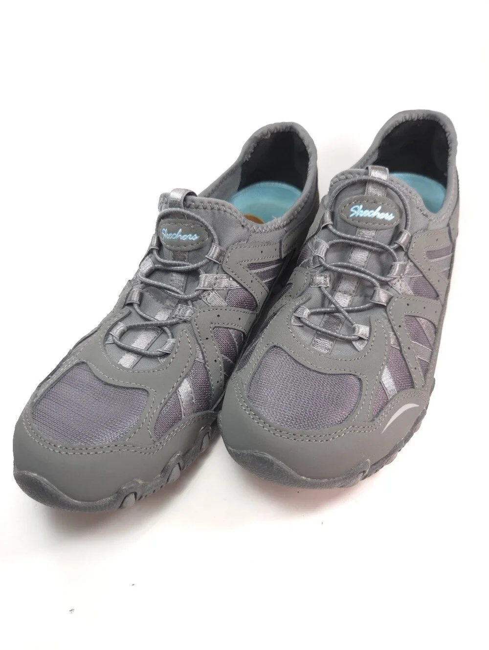 Skechers Bikers Gray & Teal Slip‑On Bungee‑Lace Walking Sneakers Sz 8